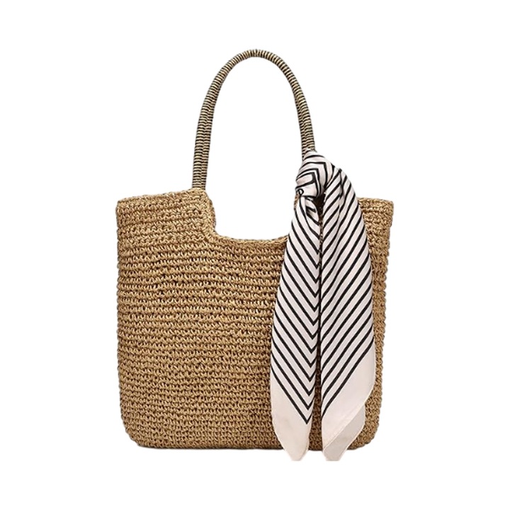 Női szalmatáska, nyári vakáció, strandtáska, boho rattan kézitáska, nagyméretű szövött táska, cipzárral, kávé