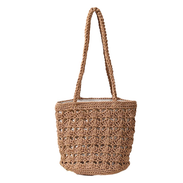 Jormftte női válltáska, horgolt, bézs/kávé, 25x22cm, alj átmérője 20cm, pánt magassága 30cm