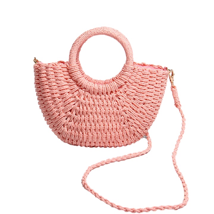 Jormftte szalmas válltáska, félkör alakú, rózsaszín, 25x14cm, pánt hossza 118cm