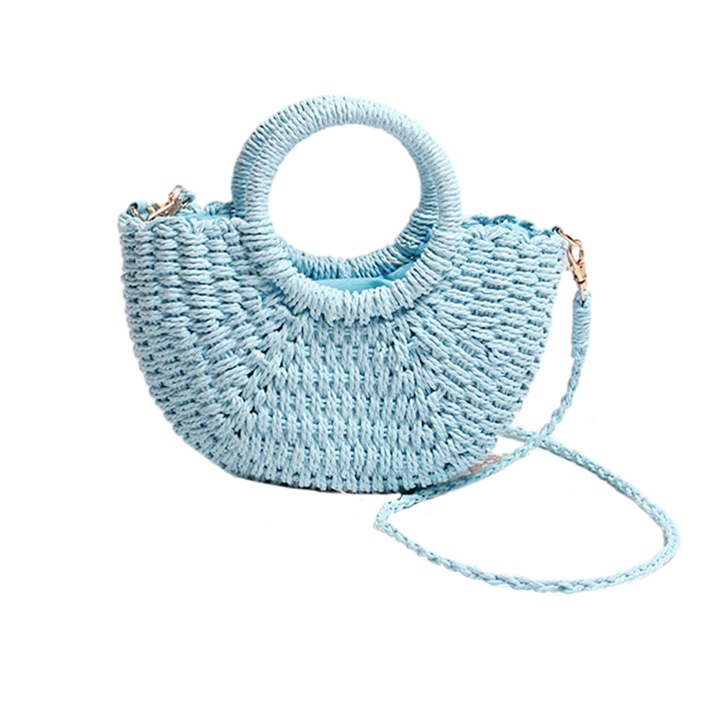 Jormftte, félkör alakú, sárga/kék/rózsaszín, 25x14cm, fogantyú magassága 10cm, pánt hossza 118cm, zsinór válltáska