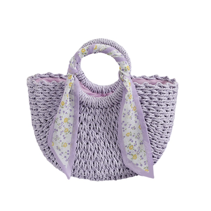 Félkör alakú szalagtáska, nyári strandtáska, nagyméretű szalagtáska, kézzel készített, női kézitáska, lila