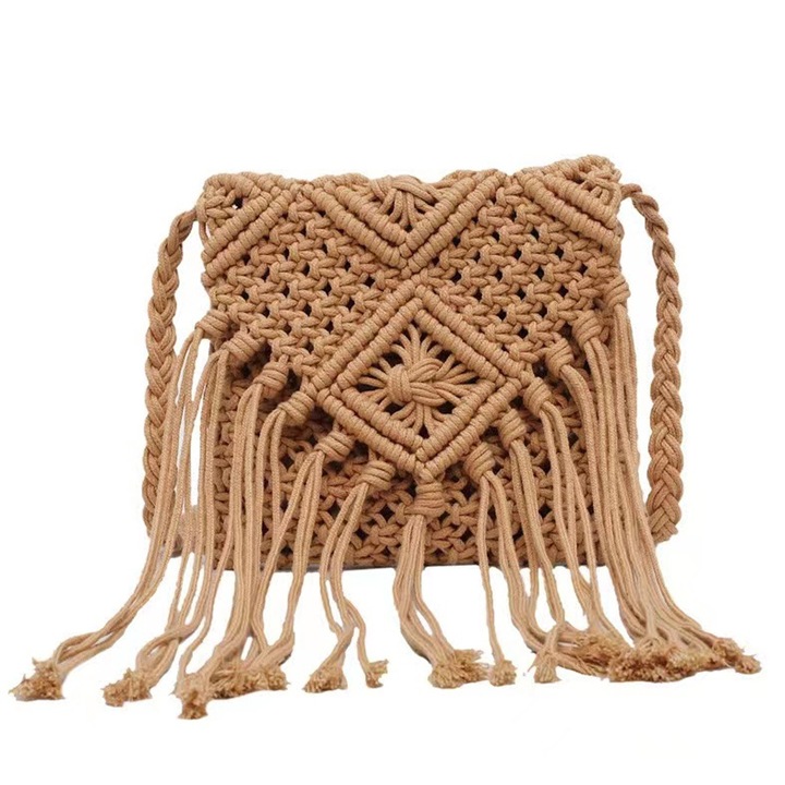 Jormftte fonott pamut válltáska, kávé/bézs, 20x20x2cm, 1 db.