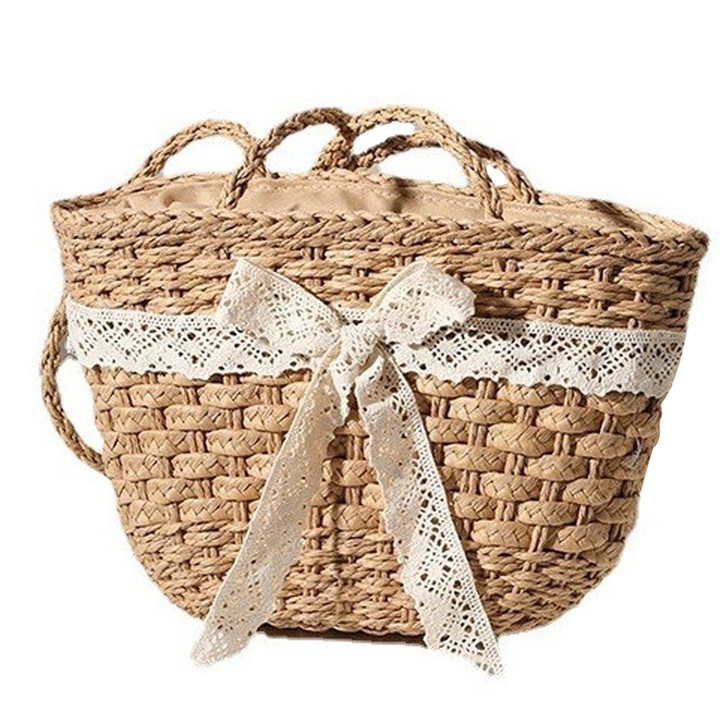Női szalmatáskák Strandtáskák Kézzel szőtt nyári táskák Fogantyús válltáskák Aranyos csipke íj Strandtáskák kávé