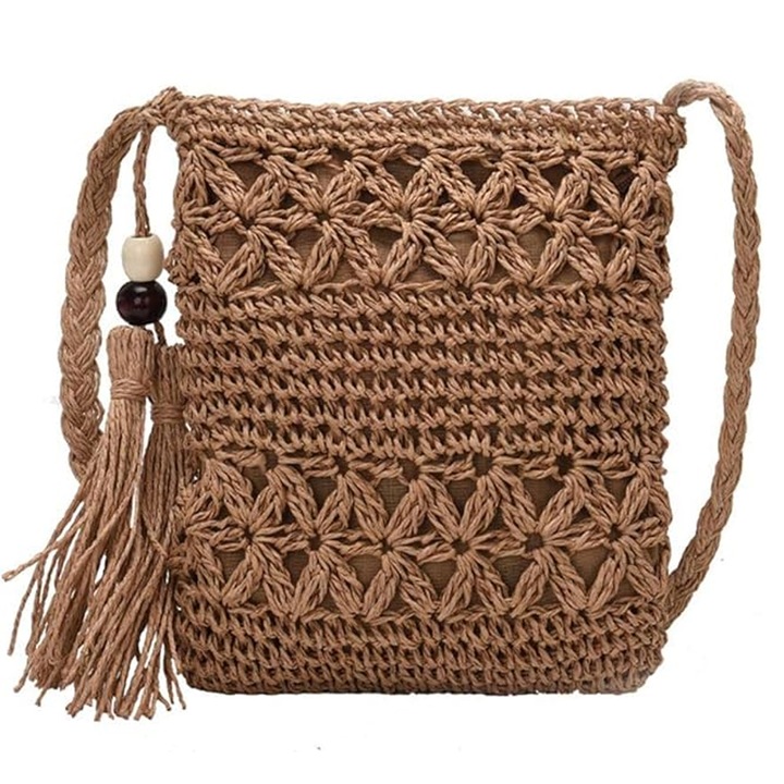 Női szalma táska, Jormftte, 17x22cm, kávé/bézs színű, vállpánt 130cm