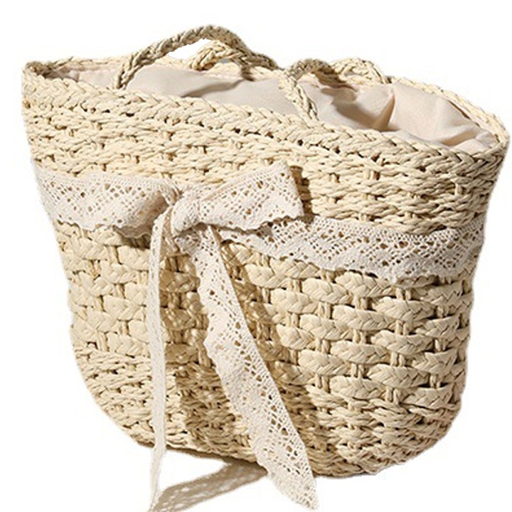Női szalmatáskák strandra, kézzel szőtt nyári táskák, fogantyús válltáskák, aranyos csipke íjjal díszített strandtáskák bézs színben