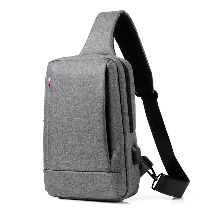 Férfi keresztpántos táska, Jormftte, sötétszürke, 31.5x21x6cm, USB kábellel