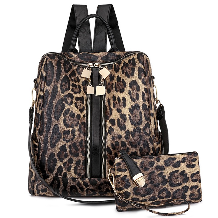 Rucsac QttvbTna, piele ecologica, design antifurt, multifunctional, leopard, 32x14x32cm