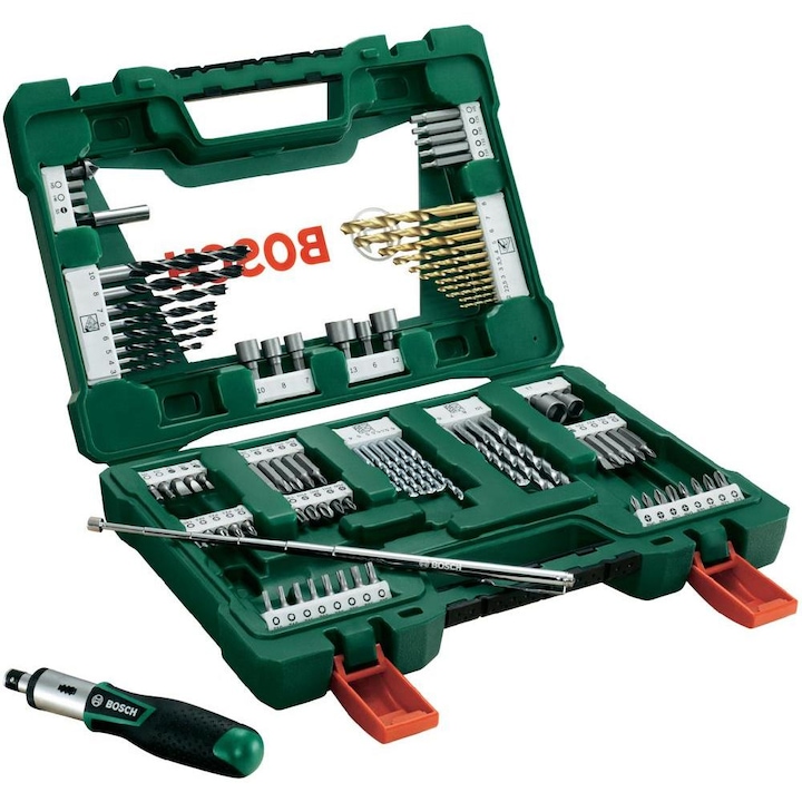 Bosch V-line fúró és csavarozó készlet, 91 darabos, csavarhúzó, mágneses rúd, bitek, racsni, mágnestartó, csőkulcsok, fúrószerszámok