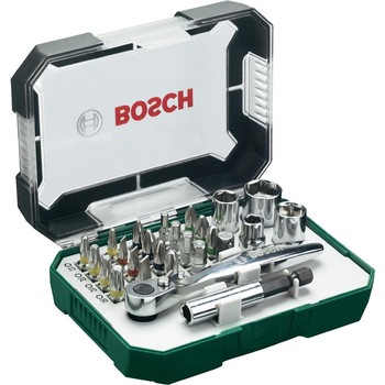Set 26 accesorii Bosch, biti, suport universal, 4 chei tubulare, adaptor chei tubulare, cheie clichet Set 26 accesorii Bosch, biti, suport universal, 4 chei tubulare, adaptor chei tubulare, cheie clichet
