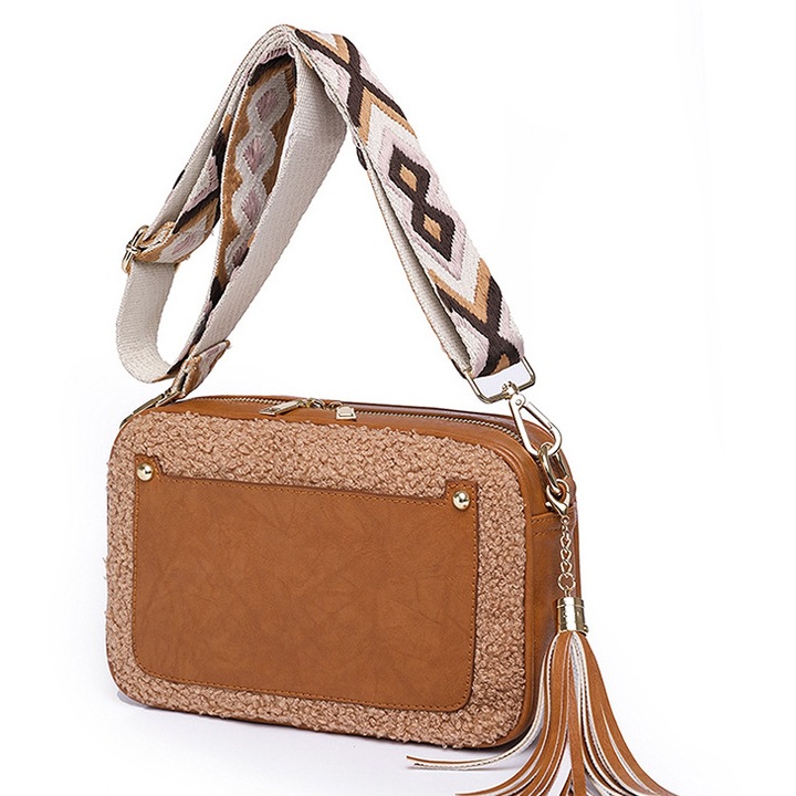 Jormftte női táska, crossbody, 3 rekeszes, szürke/fekete/barna/rózsaszín, 25x8x16cm