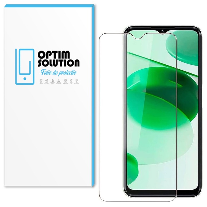 Протектор Optim Solution, 2.5D закалено стъкло, за Realme C31, 9H устойчивост, кристално чисто, усъвършенствана чувствителност на допир, взривозащитен, без мехурчета, UHD яснота, Optim Protection Tech, Lucid Vision, анти-пръстови отпечатъци, прозрачен