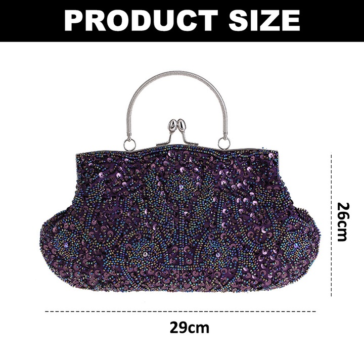 Gyöngyös estélyi táska, Jormftte, lila, 29x26cm, fém lánccal szettben