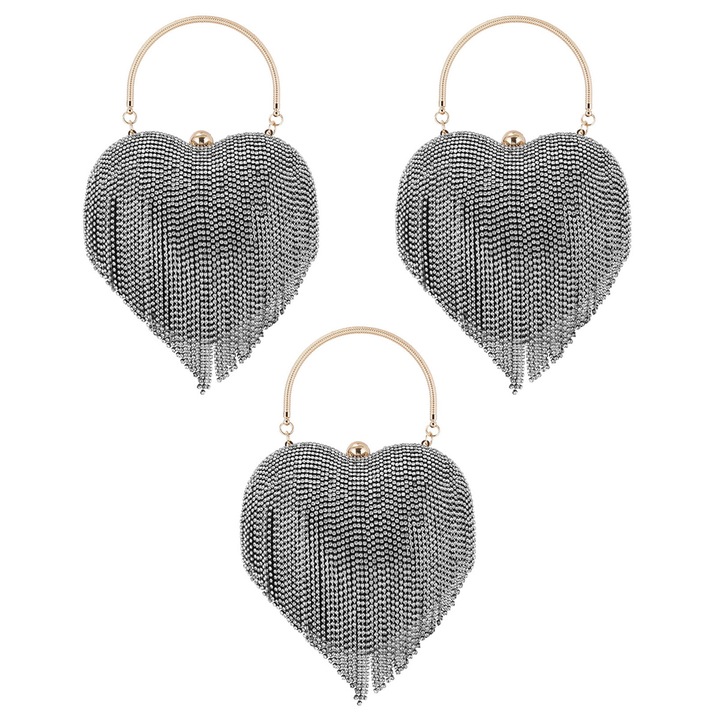 Női estélyi táska, szívmintás bojtokkal, kristályokkal, fekete