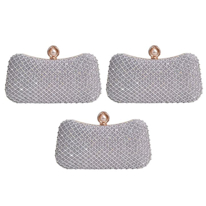 Kézitáska szett strasszokkal és kristályos zárral, ezüst