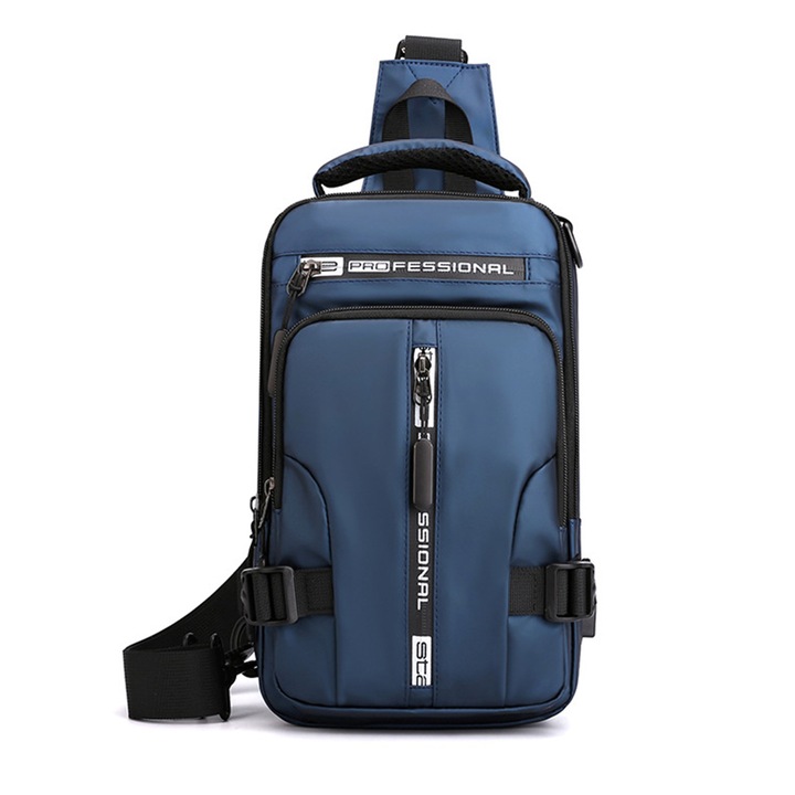 Rucsac crossbody barbati, albastru, 30x18x10 cm, nylon, inchidere cu fermoar