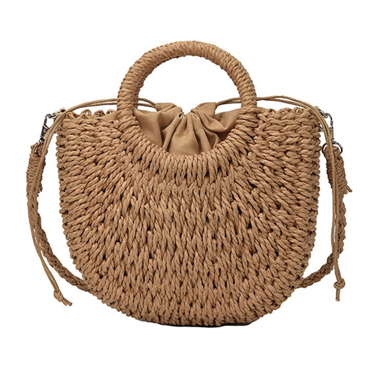 QttvbTna strandtáska, rattan és szalma, zsinórzárás, bézs barnával, 23x19x8cm