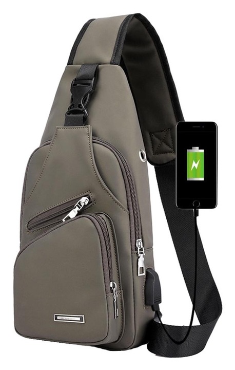 Állítható válltáska, QttvbTna, Nylon, USB port, Vízálló, 35,1 x 17 x 9,1 cm, Taupe barna / fekete