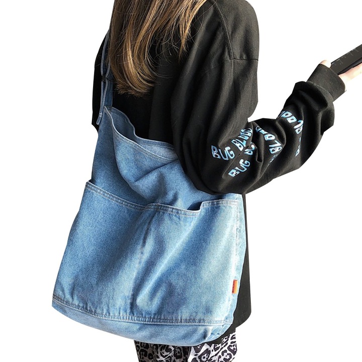 Jormftte női táska, kék farmer, nagy kapacitású, 33x13x38 cm