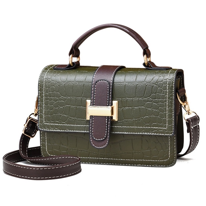 Női crossbody táska, rekeszes, zöld/sötétbarna