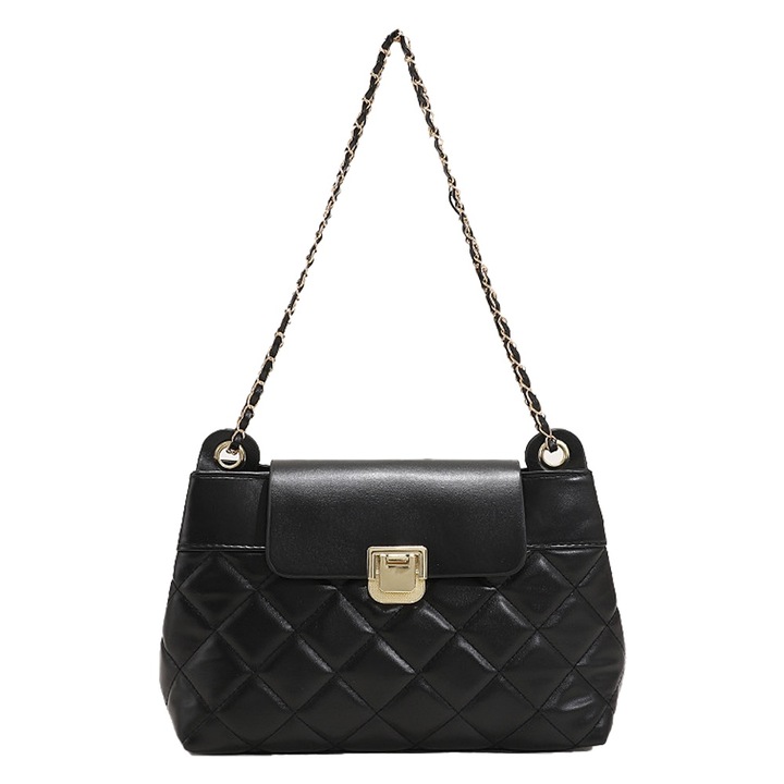 Női crossbody táska, fekete, fém pánttal, elegáns design, kompakt méretek