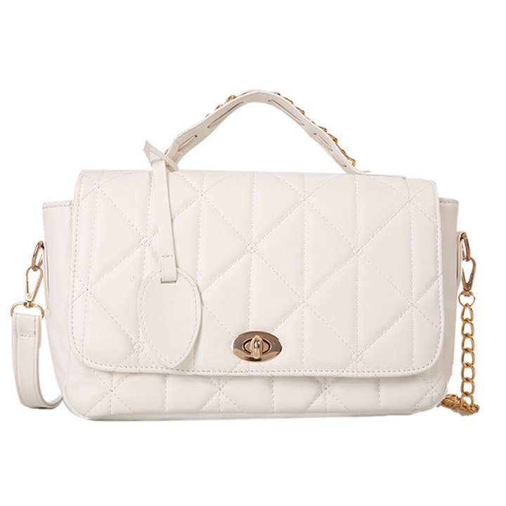 Fehér női crossbody táska, fém pánttal, elegáns design, kompakt méretek