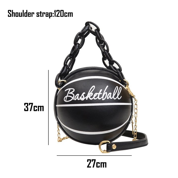 Geanta de umar pentru femei, BGHYHYHI, forma minge de baschet, cu lant, negru, piele ecologica