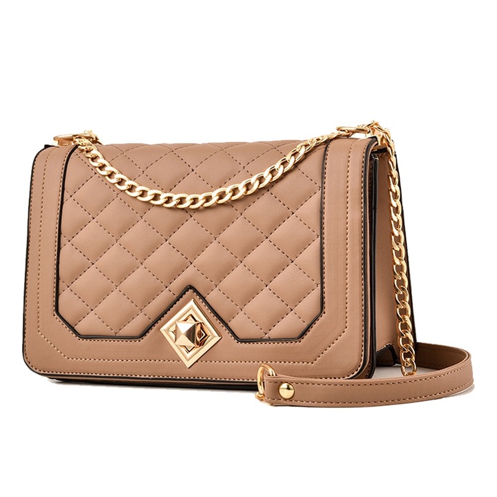 Női válltáska, műbőr, díszes zárral, khaki színű, 22,9x14,9x9,1cm