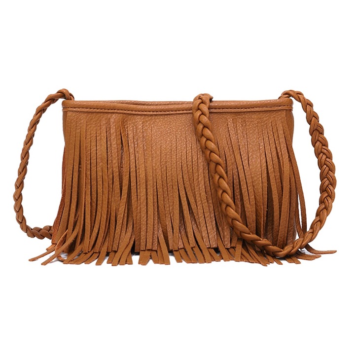 Női táska, rojtos, barna, 23x15,5x3cm, állítható vállpántos szett