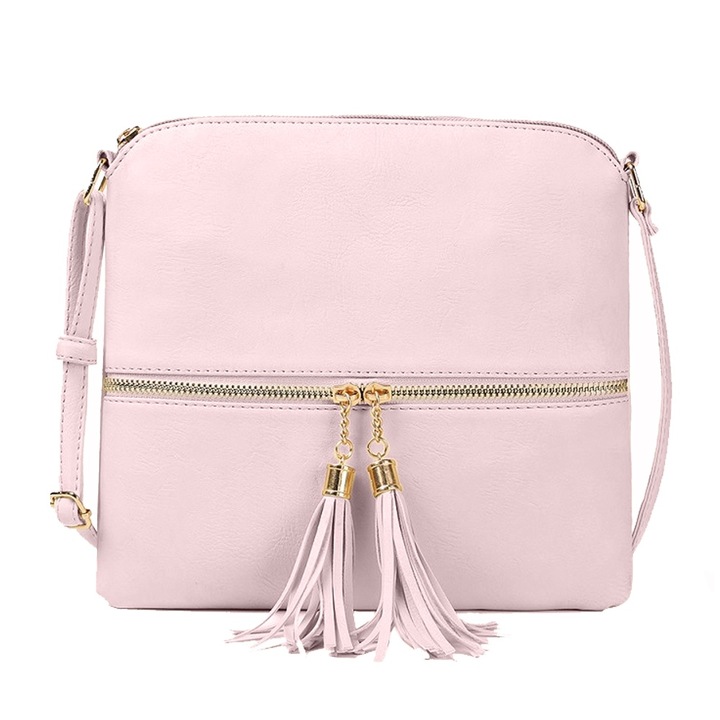 Női válltáska, bojttal, rózsaszín, PU anyagú