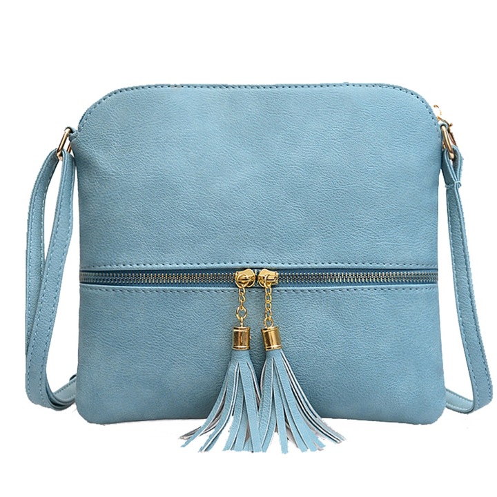 Női crossbody táska bojttal, kék, PU, többféleképpen hordható