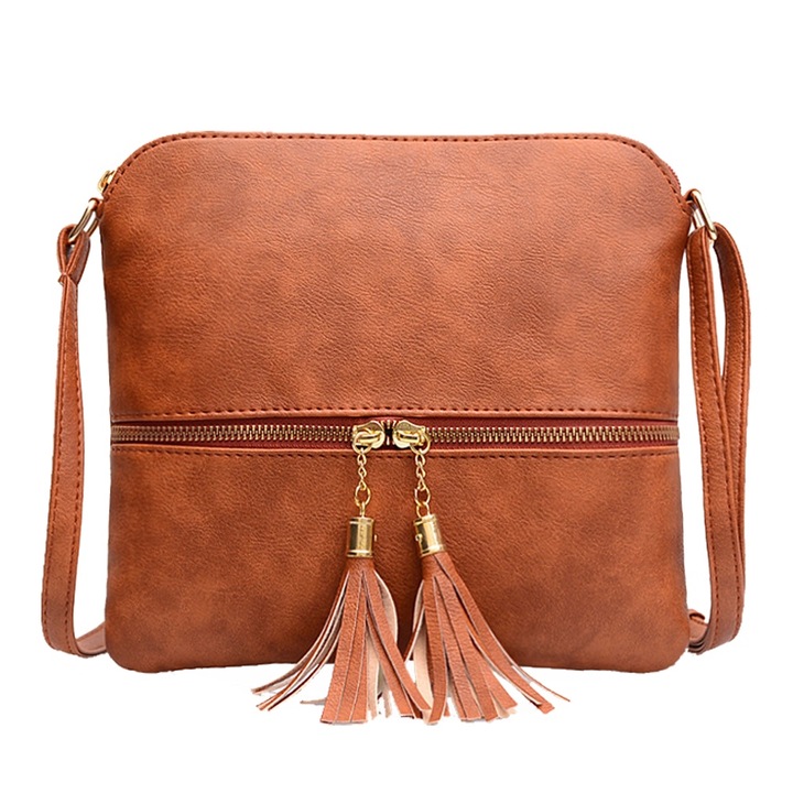 Női válltáska, rojtokkal, barna, PU anyagú, hordható crossbody