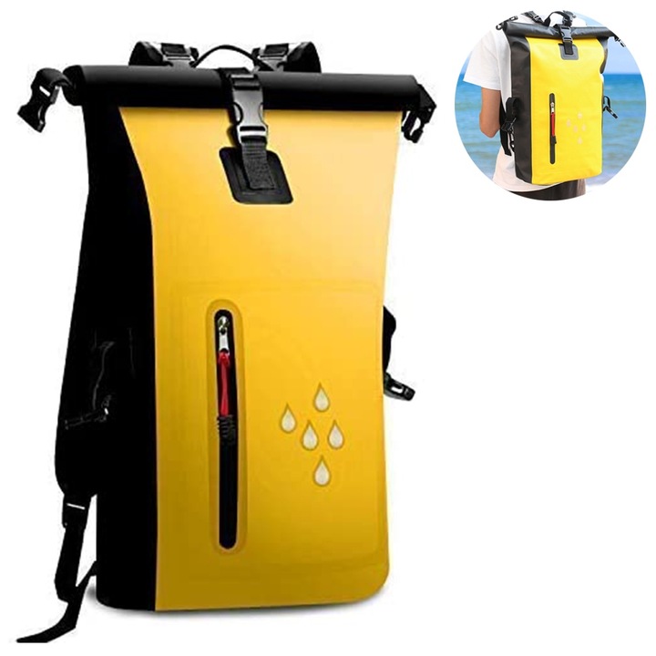 Rucsac impermeabil 25L, Cozevdnt, 500D PVC, inchidere rulanta, galben