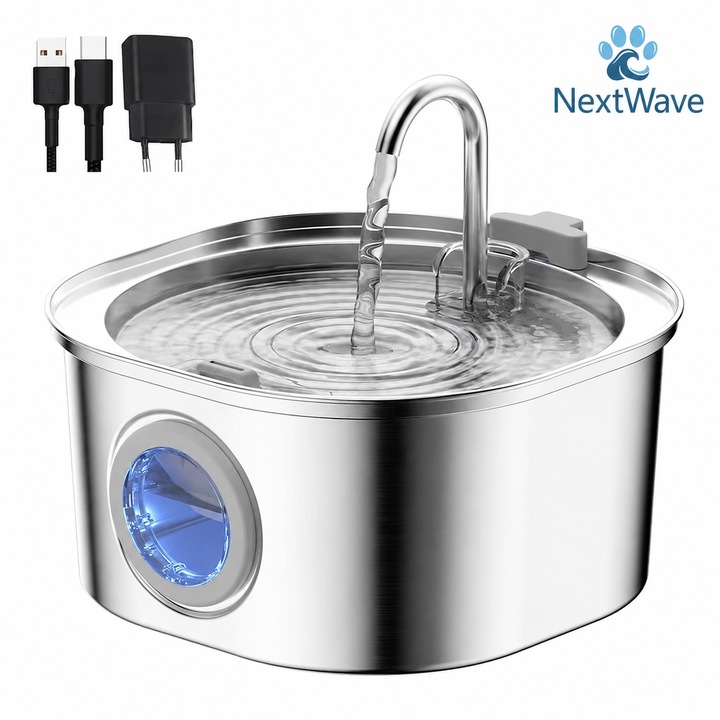 Dispenser apa automat tip fantana pentru pisici si caini NextWave®, cu fereastra mare pentru nivelul apei, purificare si filtrare prin carbune activ, otel inoxidabil, ultra-silentiosa, USB, adaptor priza, capacitate 3.2L - NOU