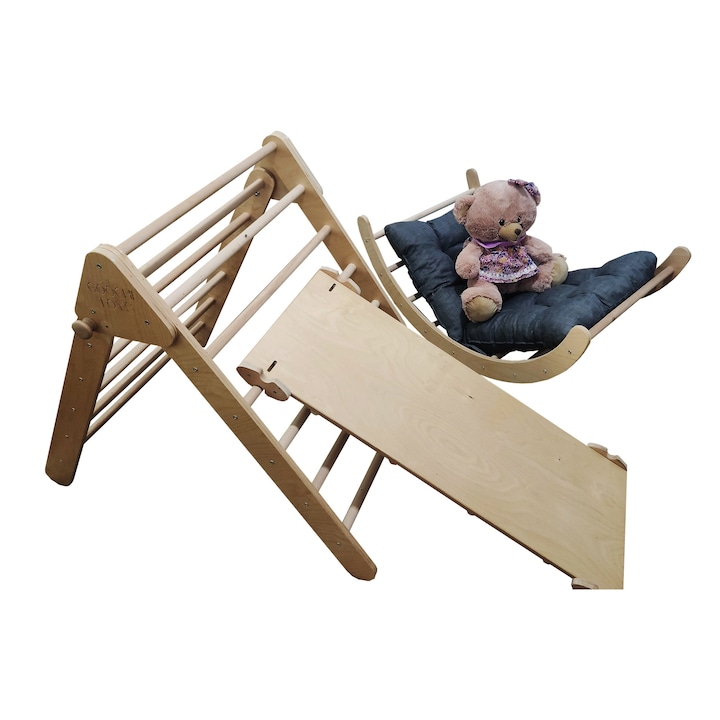 Set 4in1 Triunghi Pikler natur de catarare, rampa / tobogan, semicerc, perna gri, Montessori jucarii