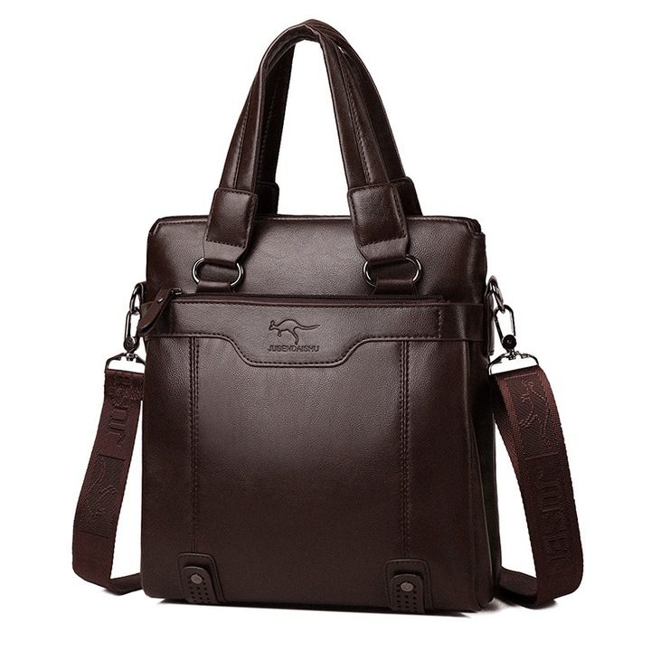 Borseta Diagonala Barbati, MzcrJosv®, Curea de umar, reglabila, Antifurt, Rezistent la apa, Fermoar securizat, Piele Naturala, 20x30x7cm, Maro