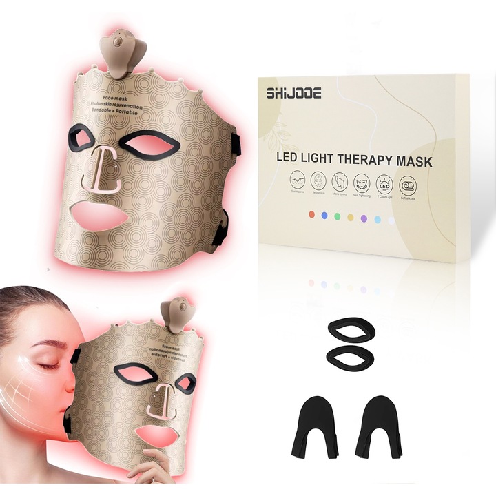 Маска за лице, SHIJOOE®, Фототерапевтична, 7-цветен източник на светлина, 80 светодиода, 240 лъча, за намаляване на бръчките по лицето, против стареене, против акне, преносима, ергономична, Розово злато