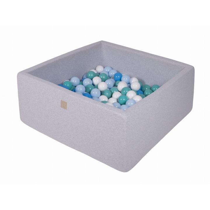 Piscina cu bile pentru copii MeowBaby, Bumbac, 90x90x40cm, Gri Deschis, Set 300 bile multicolor, 1 an