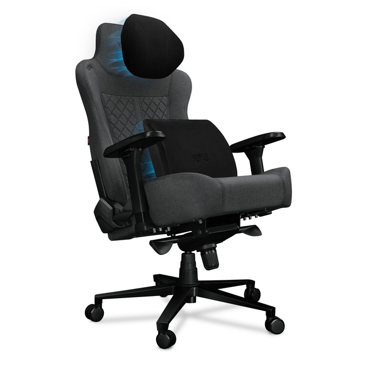 Scaun de gaming si birou - YUMISU 2052 Magnetic GRAY, Gri Inchis, XXL, cusaturi negre, capacitate de incarcare 180 kg, Perne magnetice, Material, Optiune de balansare, Perna lombara, Perna tetiera, Reglare cotiera, Inclinabila la 165°, Calitate Premium