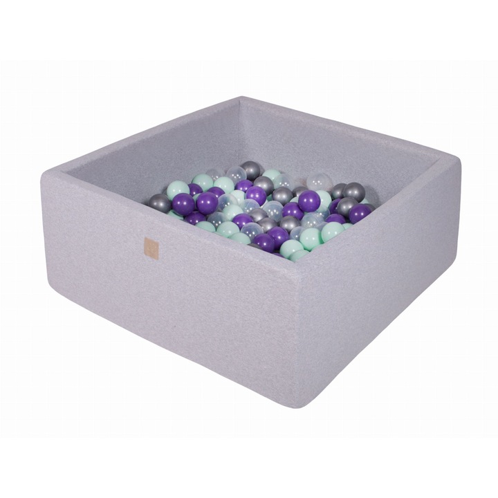 Piscina cu bile MeowBaby, Bumbac, 90x90x40cm, Gri Deschis, Set 300 bile multicolor, 1 an
