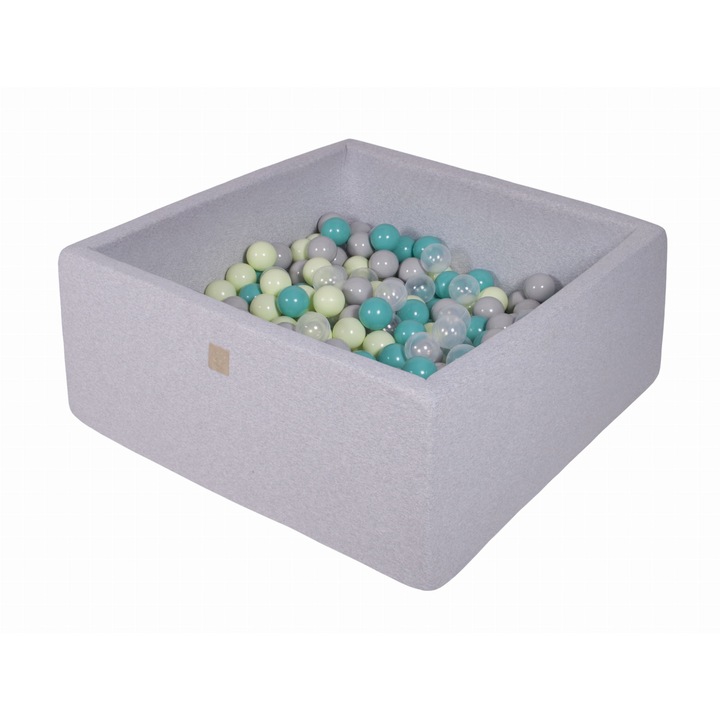 Piscina cu bile MeowBaby, Bumbac, 90x90x40cm, Gri Deschis, Set 300 bile multicolor, pentru copii 1 an