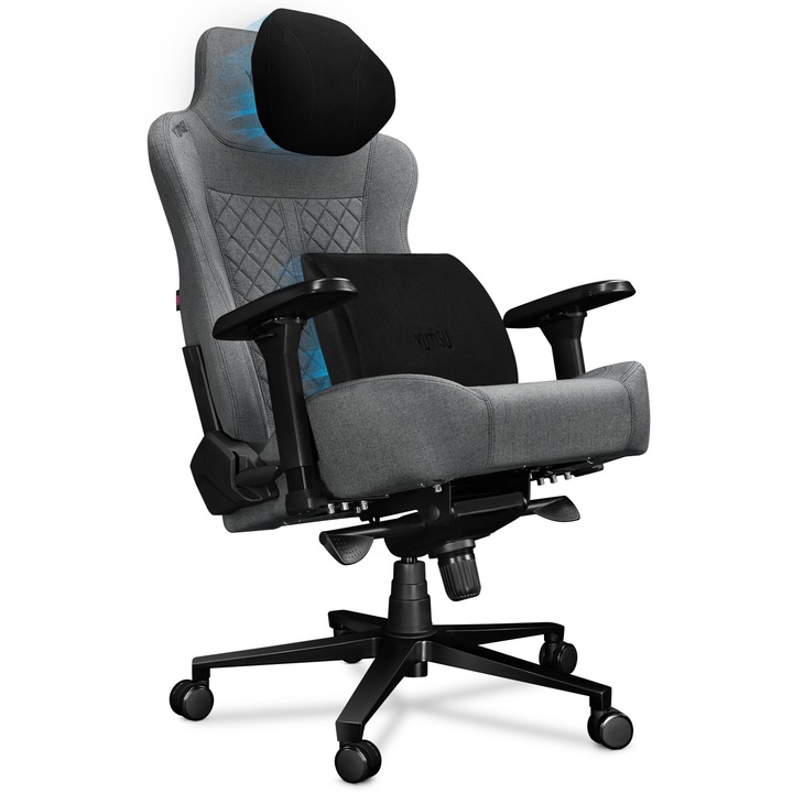 Scaun de gaming si birou - YUMISU 2052 Magnetic CLOUD, gri deschis, XXL, cusaturi negre, capacitate de incarcare 180 kg, Perne magnetice, Material, Optiune de balansare, Perna lombara, Perna tetiera, Reglare cotiera, Inclinabila la 165°, Calitate Premium