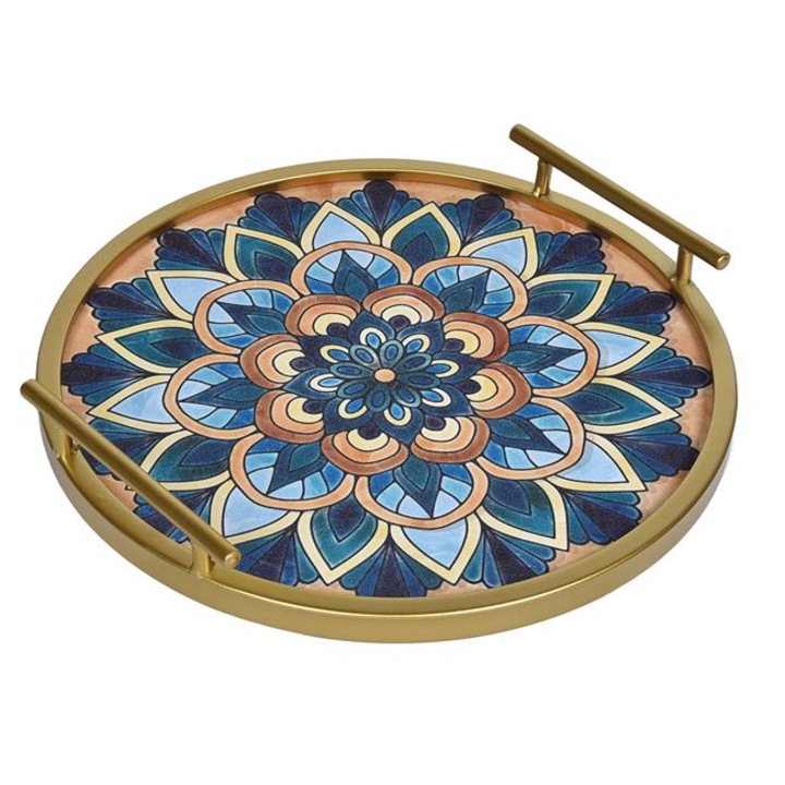 Tava Metalica Rotunda Aurie Bleu cu Model Mandala si Manere Ø35cm