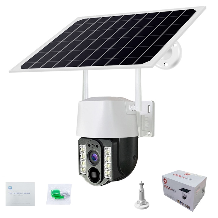 Camera solara de supraveghere exterior / interior, Hggzeg, Conexiune 4G/wifi, 10X zoom, Rotire 355° si inclinare 90°, Night vision color & infrarosu, Intelligent tracking, Comunicare bidirectionala, Stocare card/cloud, IP66, Alarma miscare, Alb