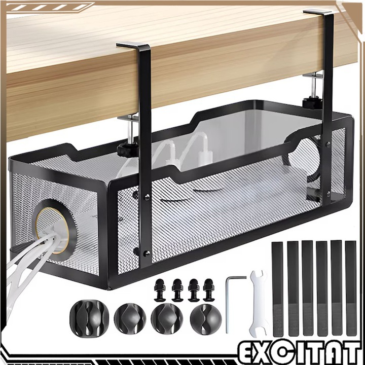 Organizator cabluri sub masa, Excitat®, fara gaurit, 35 cm, Rezistent la rugina, Usor de instalat, Cu accesorii, metal robust, pentru biroul acasa, Negru