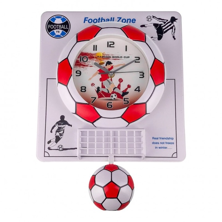 Стенен часовник, пластмаса, модел футболна топка, 30x41 см, бяло-червен