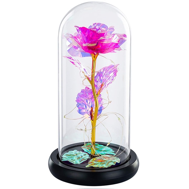 Trandafir criogenat in cupola de sticla, Zggzerg, Trandafir nemuritor, Cu lumini LED, cutie eleganta, Pe baterii, Usor de curatat, pentru aniversare, nunta, absolvire, decorare camera, Plastic, 22 x 11cm, Roz