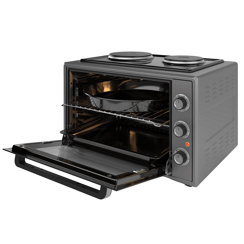 Mini aragaz FMC-6024BF, 60 L, 2000 W, Două plite, 3 funcții, Email, Gri
