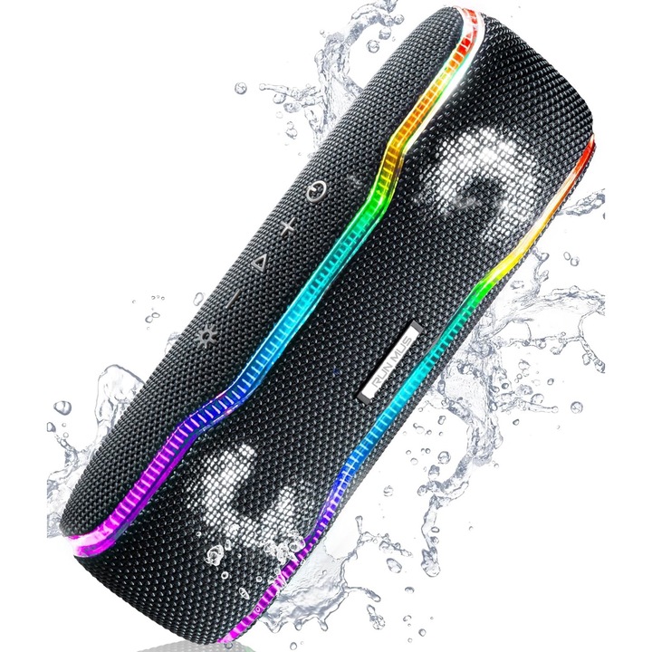 Преносима тонколона Runmus® BeatBoom, 40 W, Bluetooth 5.3, 100 db, 5000 mAh батерия, възможност за сдвояване на 2 високоговорителя, TWS режим, RGB LED светлини, игри със смесени светлини, черен