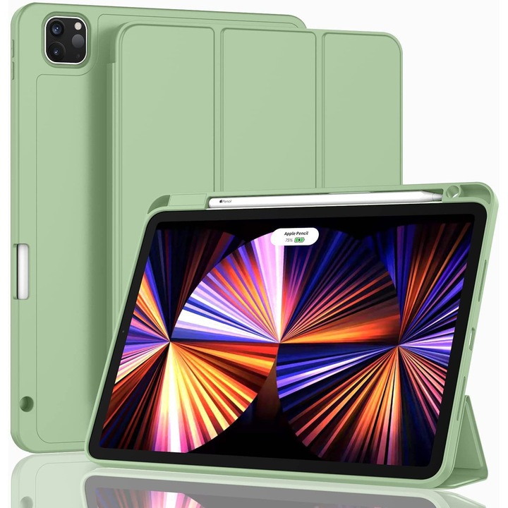 Калъф iPad Pro 13 инча M4 2024 7-мо поколение с държач за молив, поддържа Apple Pencil 2 / Pro, мек TPU гръб, светлозелен