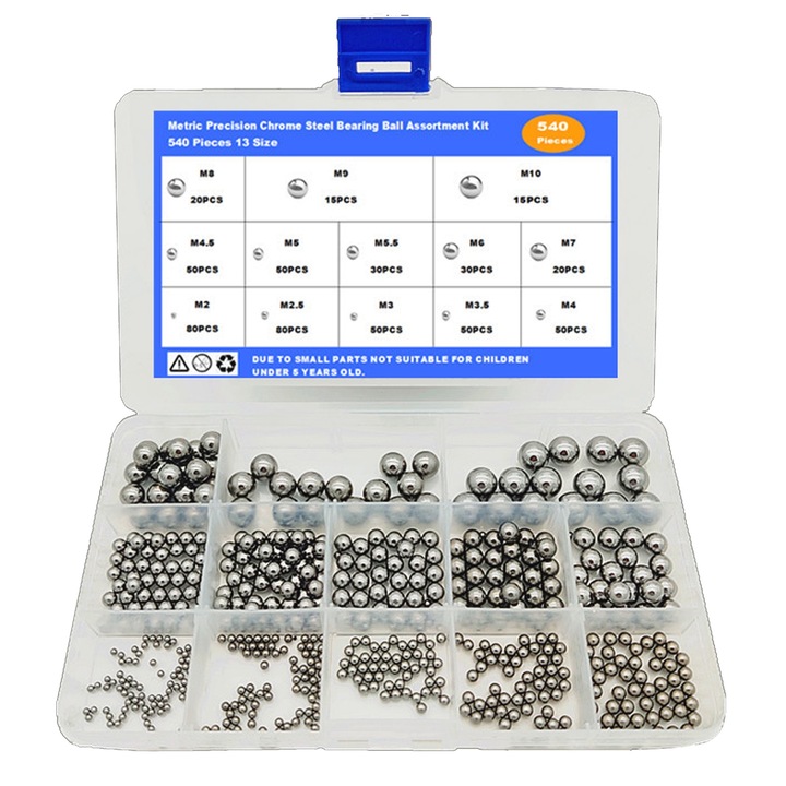 Set Bile Pentru Pentru Rulmenti, Zggzerg, 540 elemente, Anti rugina, 13 dimensiuni, Vine cu cutie de depozitare, Pentru motociclete, biciclete, rotile, mobilier de uz casnic, Otel pentru rulmenti, Argint